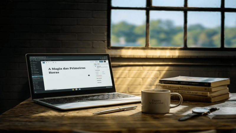 Um espaço de trabalho produtivo com notebook aberto, café e livros, ilustrando foco e concentração elevados.